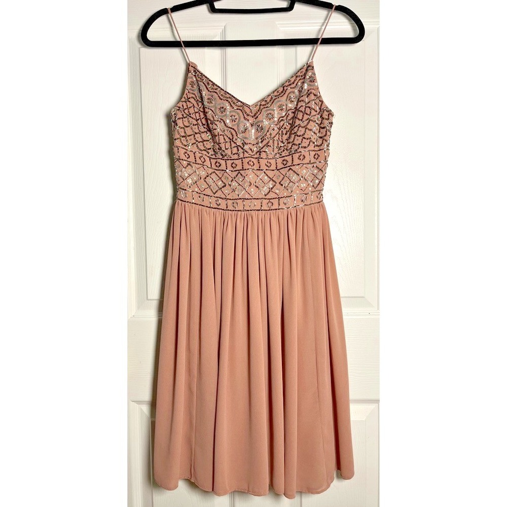 BHLDN Embellished Chiffon Dress Beaded Bodice Blush Spaghetti Straps Prom Spring - Picture 2 of 9